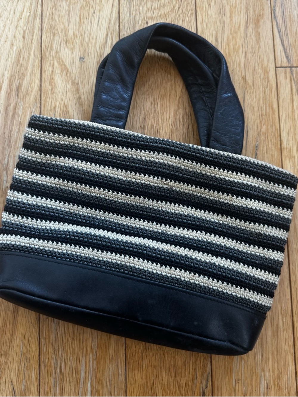 Vintage The Sak Crochet Striped Mini Tote Bag Leather Handles Boho Coastal
